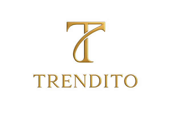 A modern and elegant logo for the brand name 'Trendito'. Create a stylish abstract monogram or emblem using the letter 'T', paired with the full brand name in a golden serif or sans-serif font. Use a clean white or beige background with golden accents, subtle shadows, and a polished, premium look. The design should feel upscale, modern, and versatile